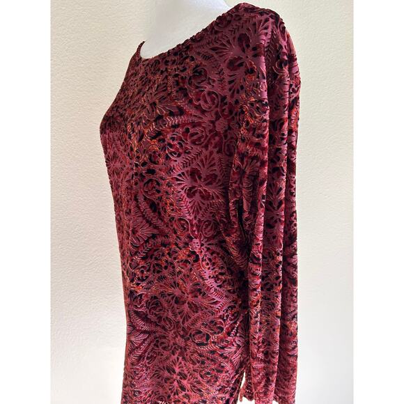 Coldwater Creek Tunic Velvet Burnout Shirt Burgundy Multi Whimsy Floral - Picture 3 of 9